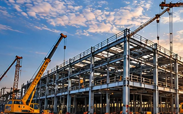 Công trình thép tiền chế đang thi công lúc hoàng hôn